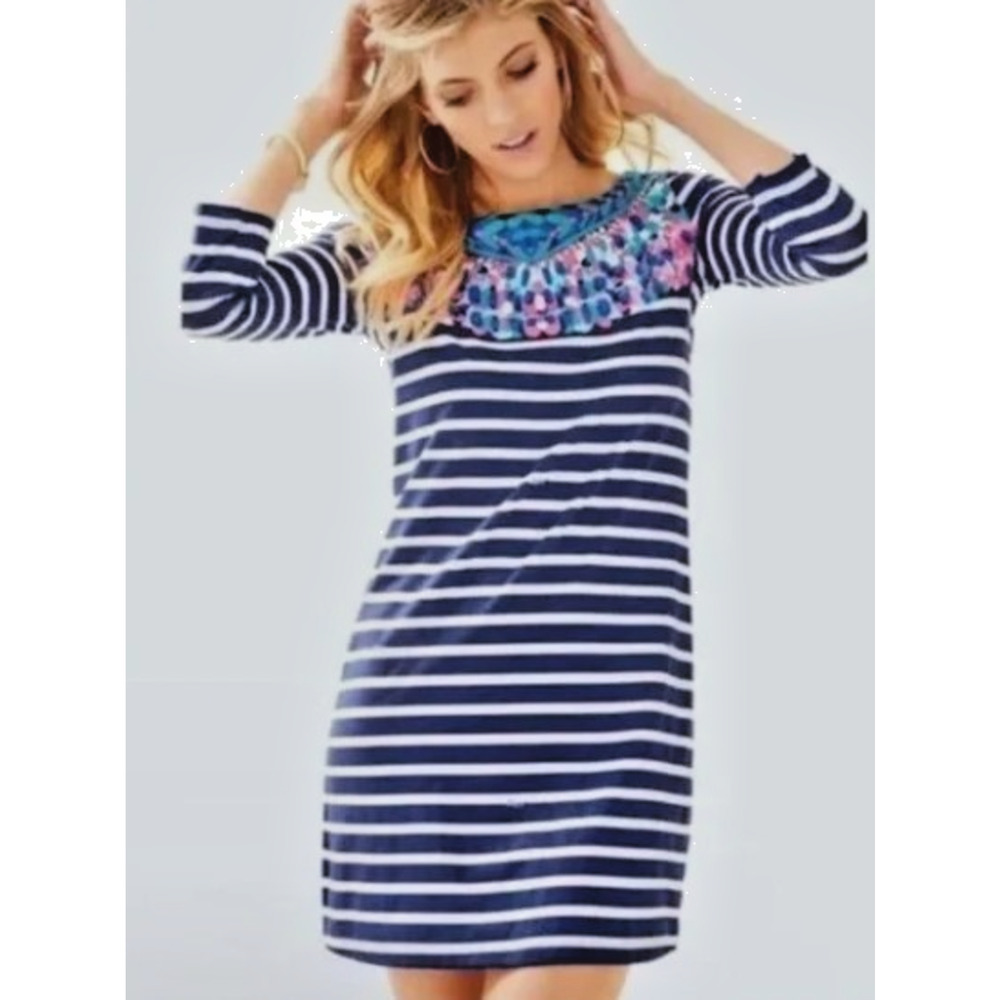 Lilly Pulitzer Bay Dress XXS Bright Navy Island Medallion Stripe Pima Cotton 3/4